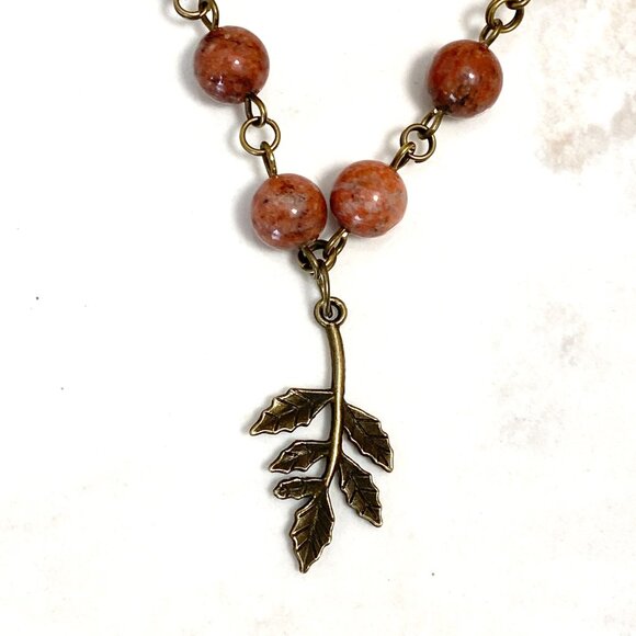 Genuine Red Jasper Short Necklace, Cute Bronze Leaf Branch + Natural Gemstone - Picture 5 of 14